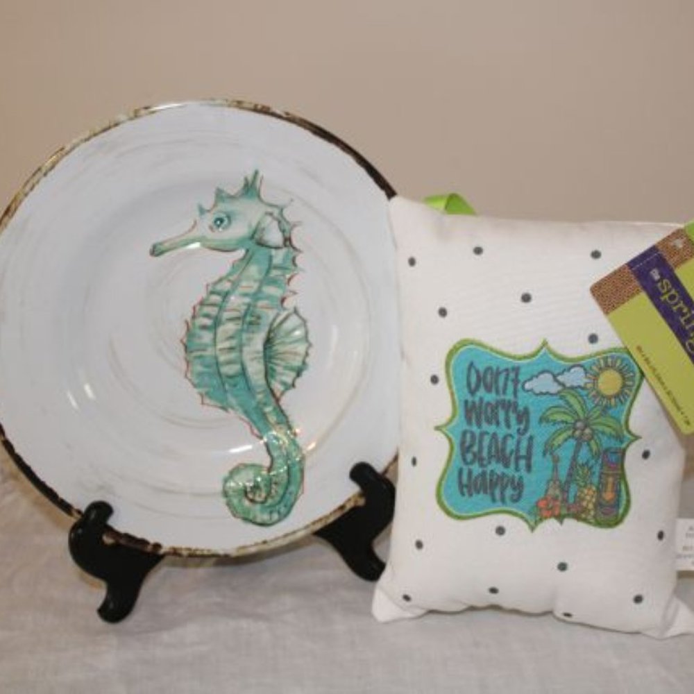 Seahorse Embossed Plate & Decor Pillow - New